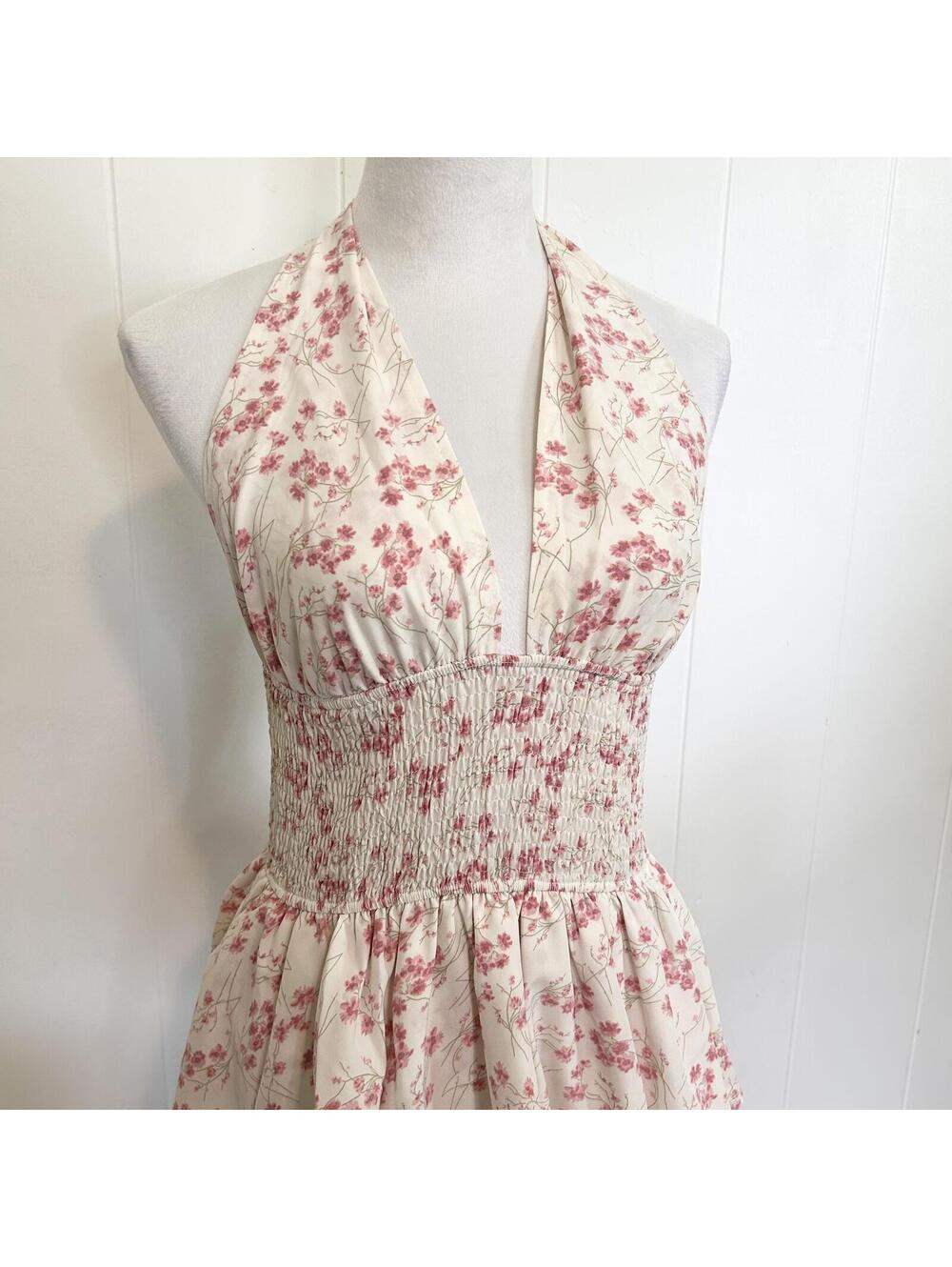 Unbranded Pink Daisy Floral Smocked Ruffle Halter Mini Dress Women's Small - Picture 2 of 3